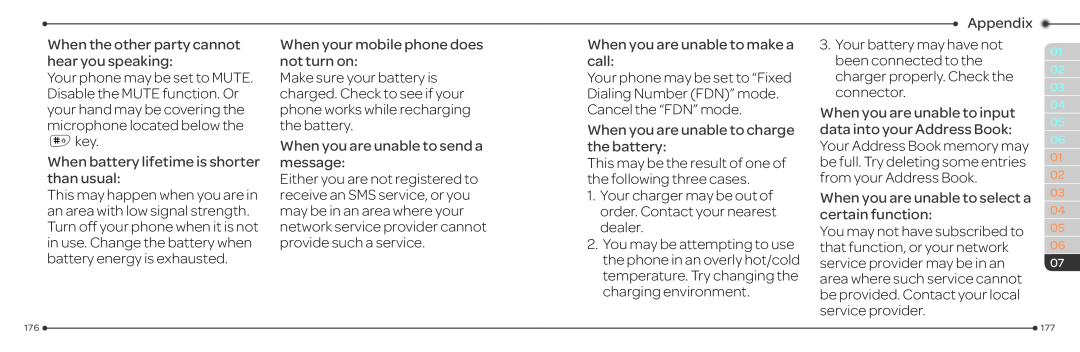 Pantech P2030 manual When the other party cannot hear you speaking, When battery lifetime is shorter than usual, Appendix 