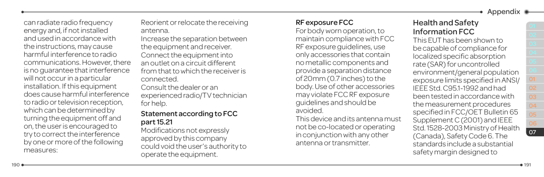 Pantech P2030 manual Health and Safety Information FCC, Appendix 