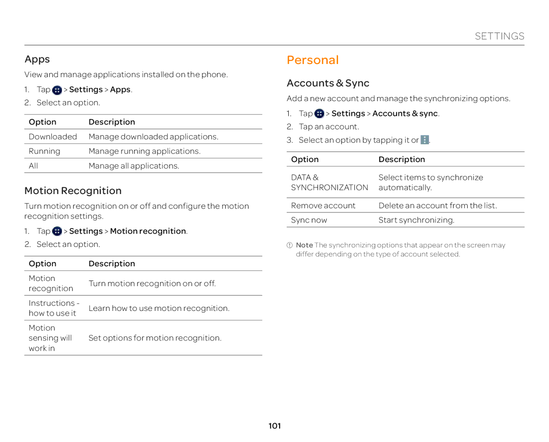 Pantech P9090 manual Personal, Apps, Motion Recognition, Accounts & Sync 