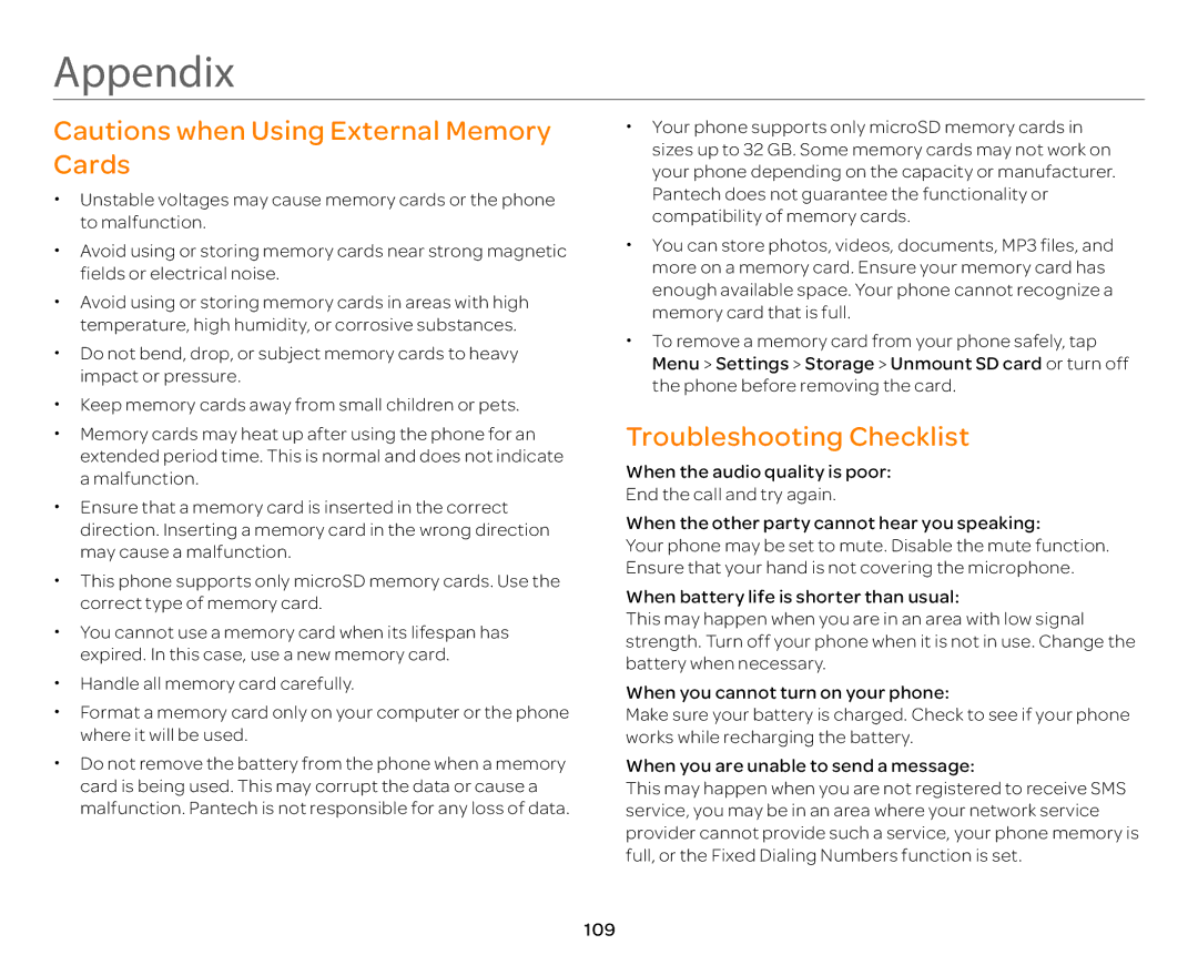 Pantech P9090 manual Appendix, Troubleshooting Checklist 