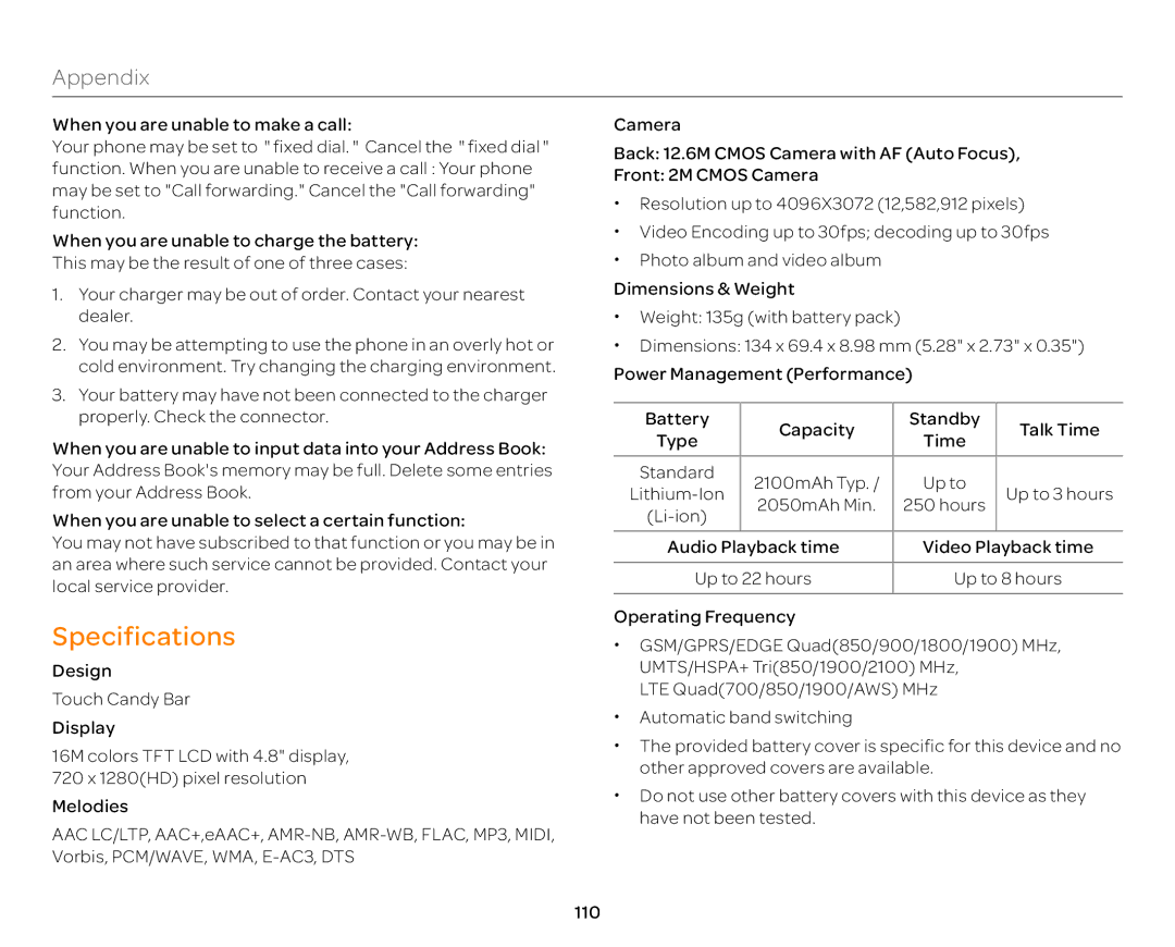 Pantech P9090 manual Specifications, Appendix 