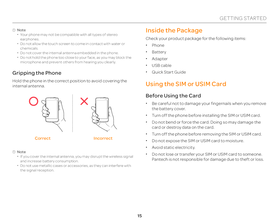 Pantech P9090 manual Inside the Package, Using the SIM or Usim Card, Gripping the Phone, Before Using the Card 