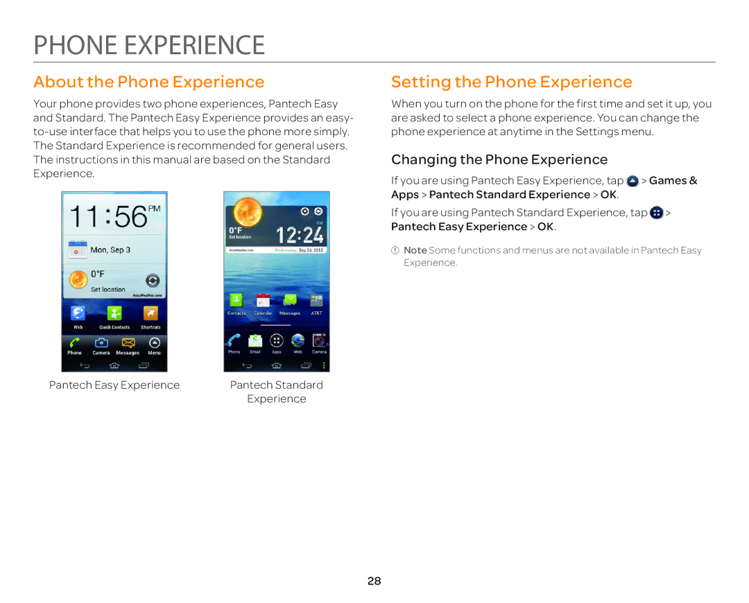 Pantech P9090 manual About the Phone Experience, Setting the Phone Experience, Changing the Phone Experience 