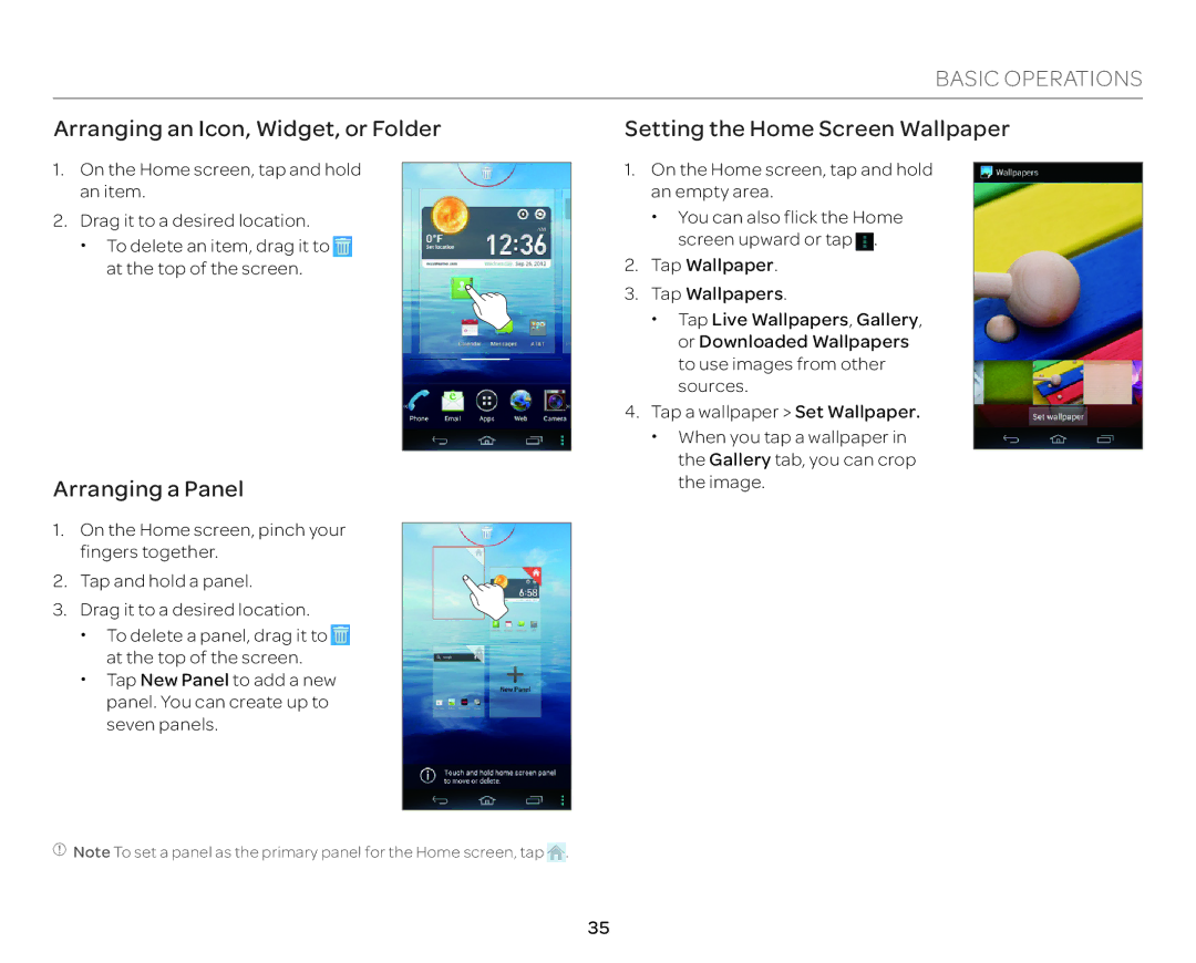 Pantech P9090 manual Arranging an Icon, Widget, or Folder, Arranging a Panel, Setting the Home Screen Wallpaper 