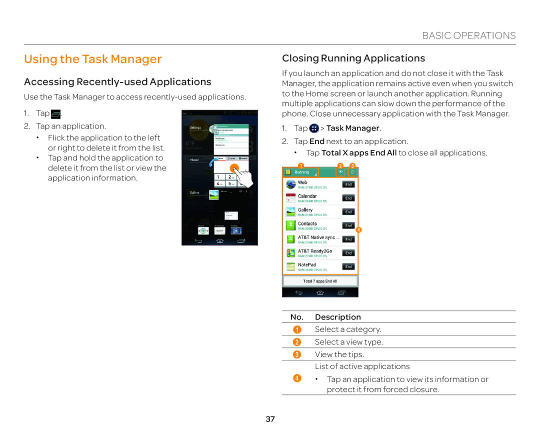 Pantech P9090 manual Using the Task Manager, Accessing Recently-used Applications, Closing Running Applications 