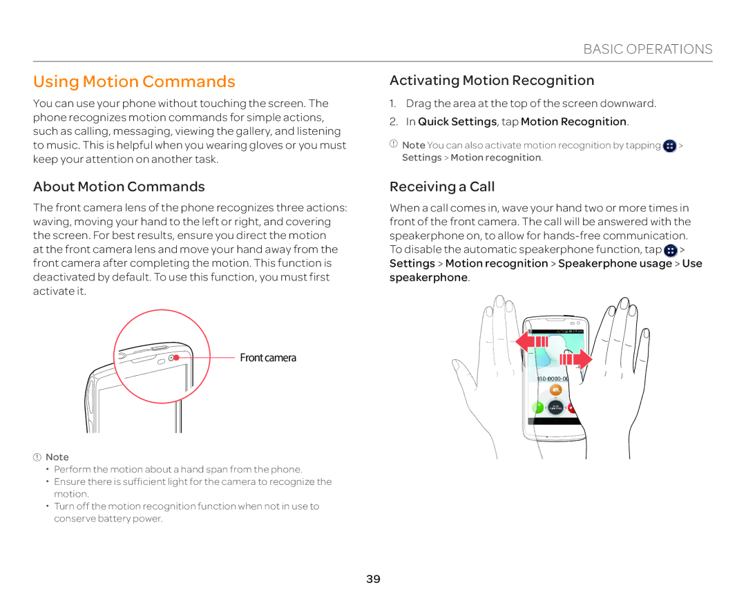 Pantech P9090 manual Using Motion Commands, About Motion Commands, Activating Motion Recognition, Receiving a Call 