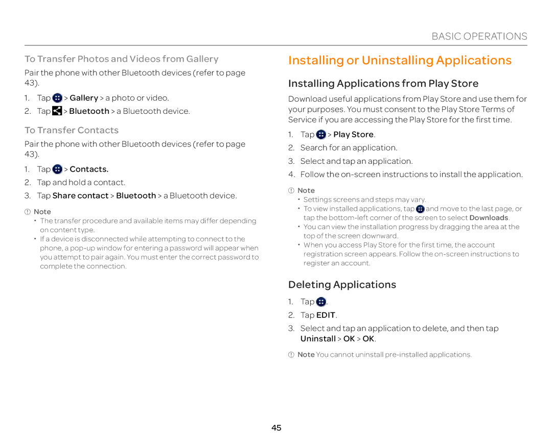 Pantech P9090 Installing or Uninstalling Applications, Installing Applications from Play Store, Deleting Applications 