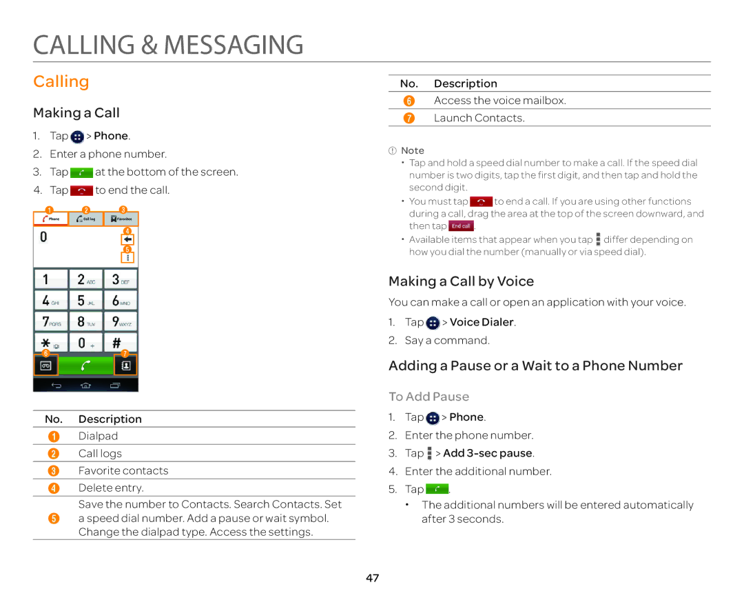 Pantech P9090 manual Calling & Messaging, Making a Call by Voice, Adding a Pause or a Wait to a Phone Number, To Add Pause 