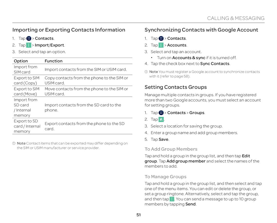 Pantech P9090 Importing or Exporting Contacts Information, Synchronizing Contacts with Google Account, To Manage Groups 