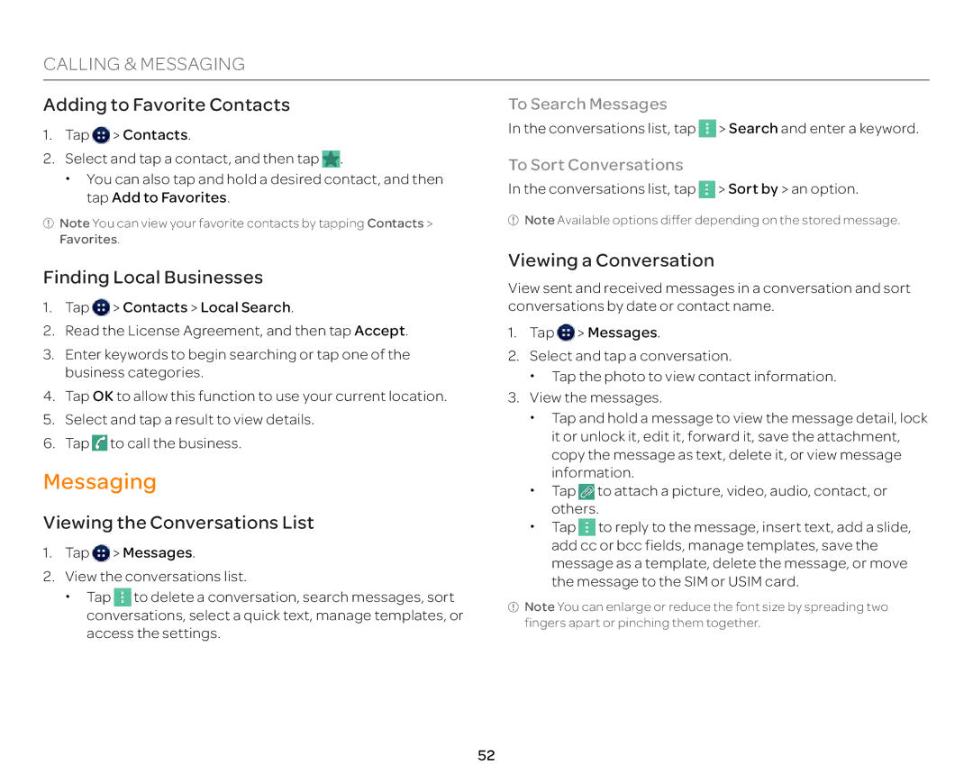 Pantech P9090 manual Messaging, Adding to Favorite Contacts, Finding Local Businesses, Viewing the Conversations List 