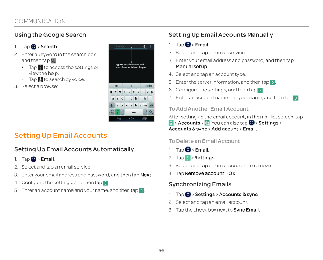 Pantech P9090 Using the Google Search Setting Up Email Accounts Manually, Setting Up Email Accounts Automatically 