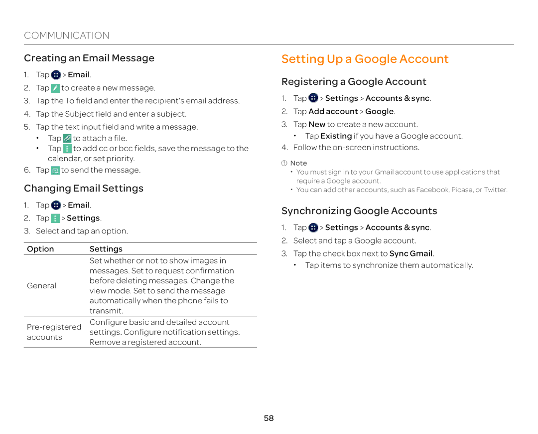 Pantech P9090 manual Setting Up a Google Account, Creating an Email Message, Changing Email Settings 