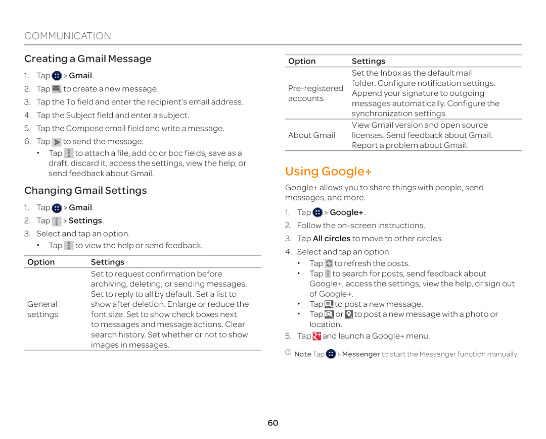 Pantech P9090 manual Using Google+, Creating a Gmail Message, Changing Gmail Settings 