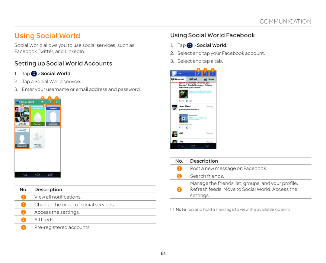 Pantech P9090 manual Setting up Social World Accounts, Using Social World Facebook 