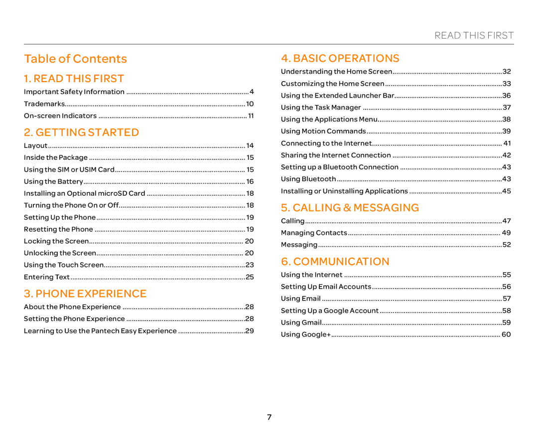 Pantech P9090 manual Table of Contents 