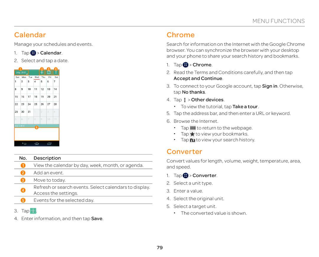 Pantech P9090 manual Calendar, Chrome, Converter 