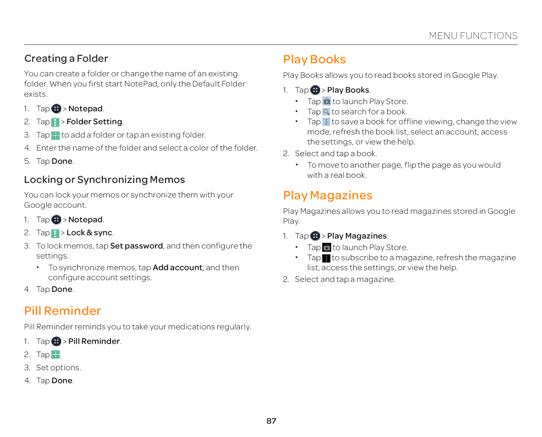 Pantech P9090 manual Pill Reminder, Play Books, Play Magazines, Creating a Folder, Locking or Synchronizing Memos 