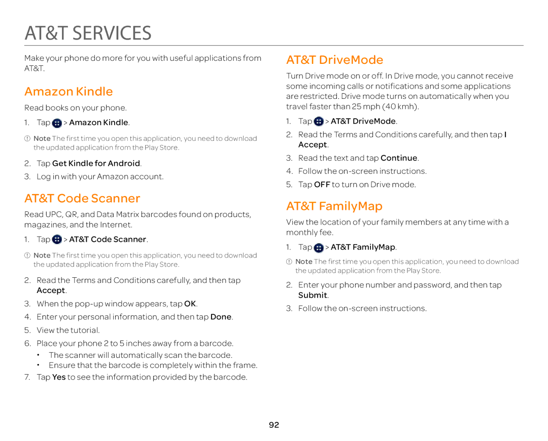 Pantech P9090 manual AT&T Services, Amazon Kindle, AT&T Code Scanner, AT&T DriveMode, AT&T FamilyMap 