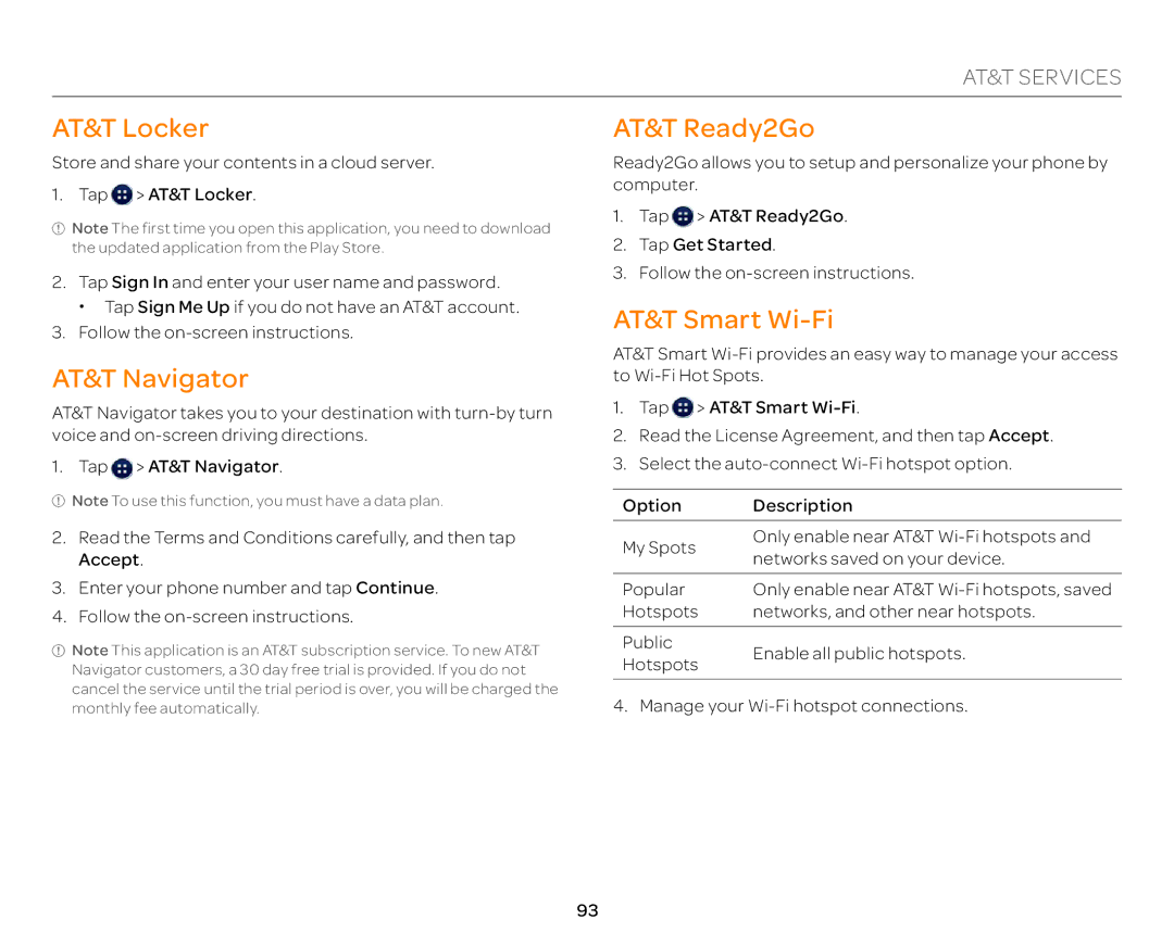 Pantech P9090 manual AT&T Locker, AT&T Navigator, AT&T Ready2Go, AT&T Smart Wi-Fi 