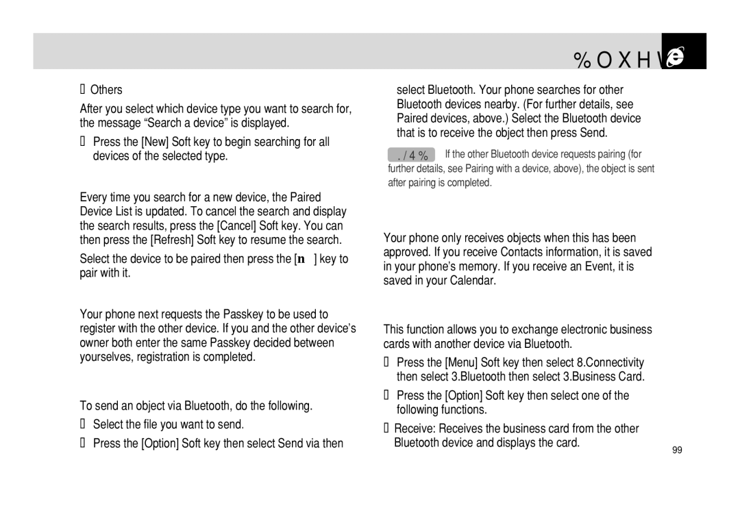 Pantech PG - 3600V manual Sending an object, Receiving an object, Searching for a device, Pairing with a device, Others 