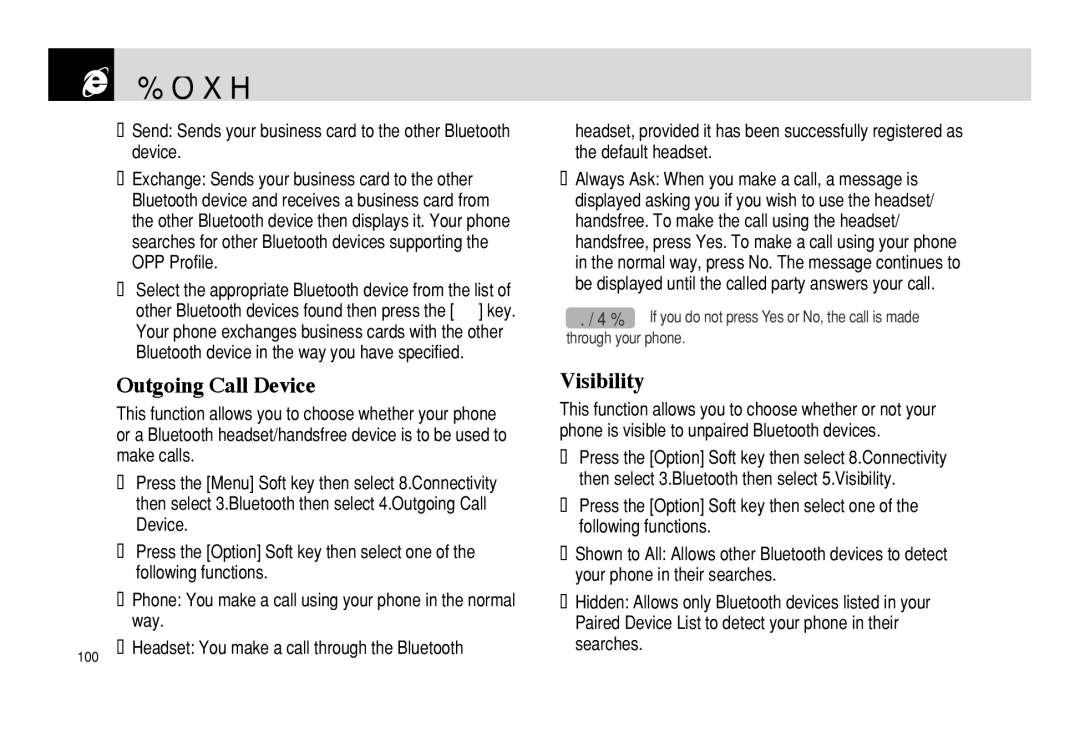 Pantech PG - 3600V manual Outgoing Call Device, Visibility, Send Sends your business card to the other Bluetooth device 