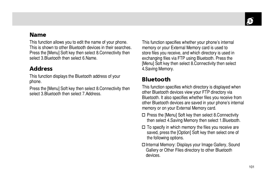 Pantech PG - 3600V manual Saving Memory, Name, Address, This function displays the Bluetooth address of your phone 