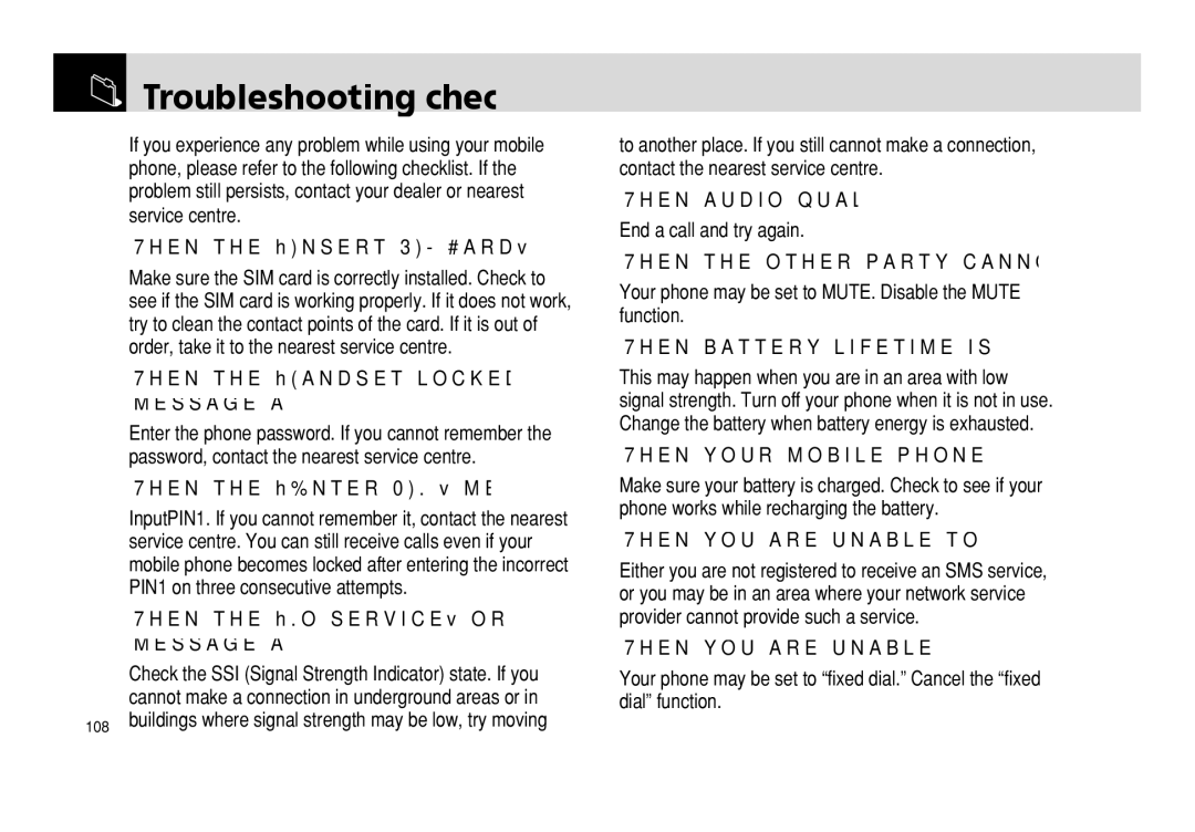 Pantech PG - 3600V manual Troubleshooting checklist 