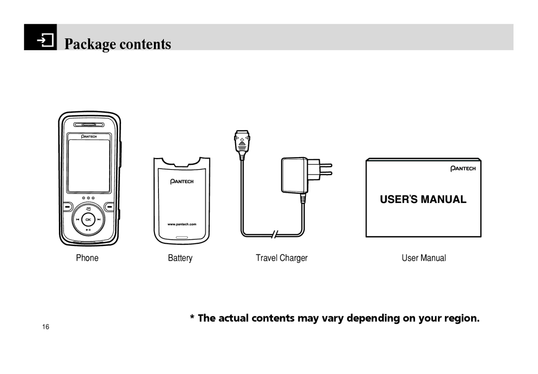 Pantech PG - 3600V manual Package contents 