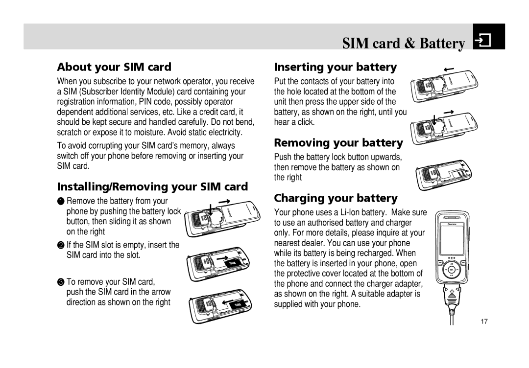 Pantech PG - 3600V manual SIM card & Battery 