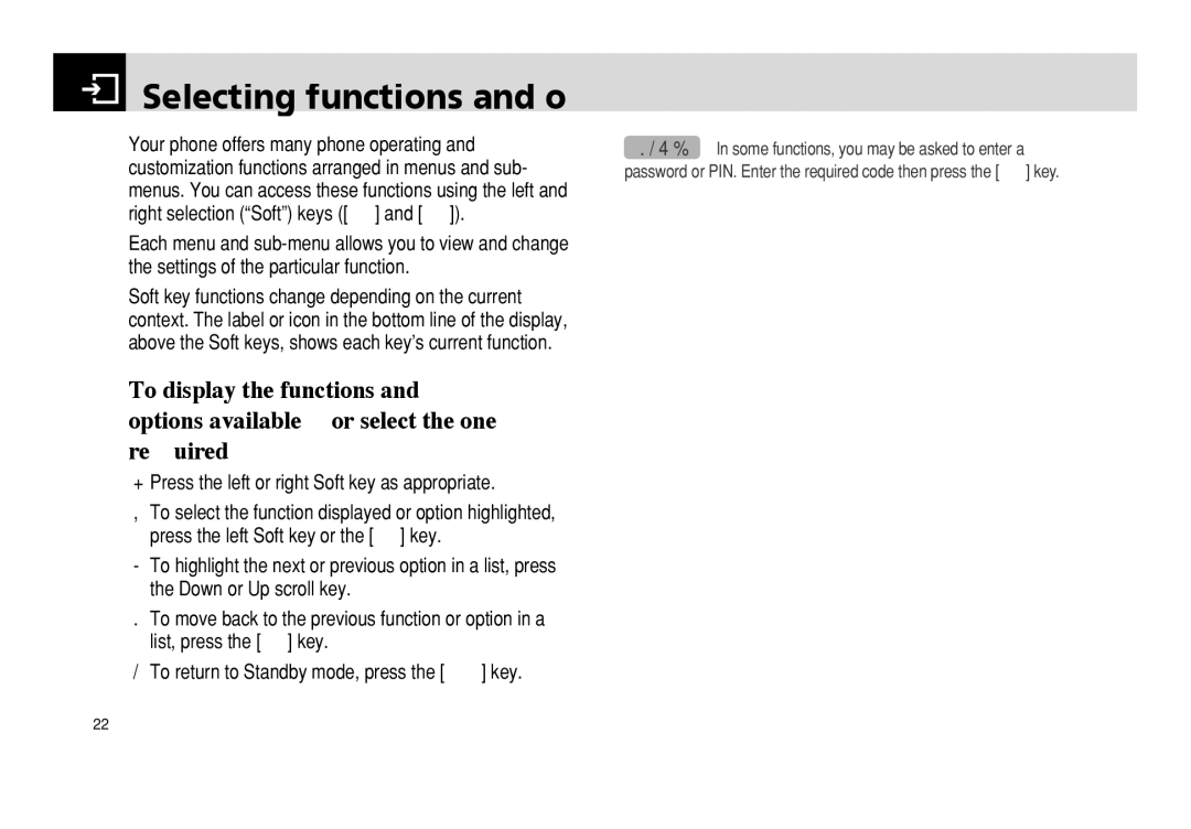 Pantech PG - 3600V manual Selecting functions and options, ❶ Press the left or right Soft key as appropriate 