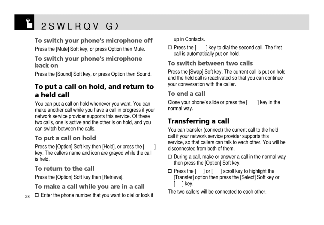 Pantech PG - 3600V manual Options during a call, To put a call on hold, and return to a held call, Transferring a call 