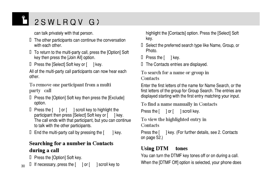 Pantech PG - 3600V manual Searching for a number in Contacts, During a call, Using Dtmf tones 