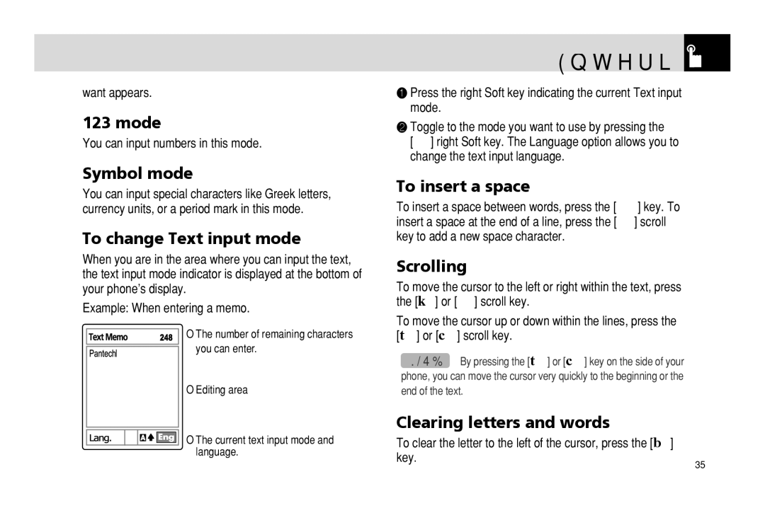 Pantech PG - 3600V manual Entering Text 