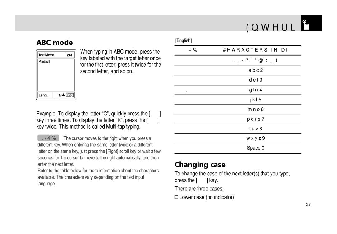 Pantech PG - 3600V manual Entering Text, Changing case 