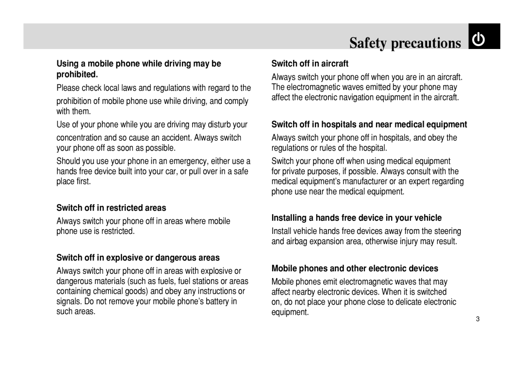 Pantech PG - 3600V manual Safety precautions 