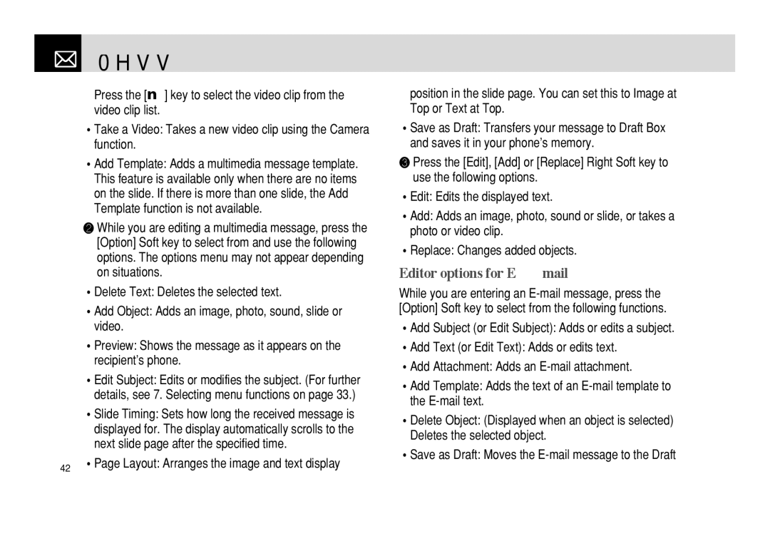 Pantech PG - 3600V manual Editor options for E-mail 