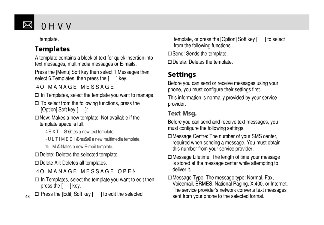 Pantech PG - 3600V manual Settings, To manage message in Templates, To manage message opened in Templates 