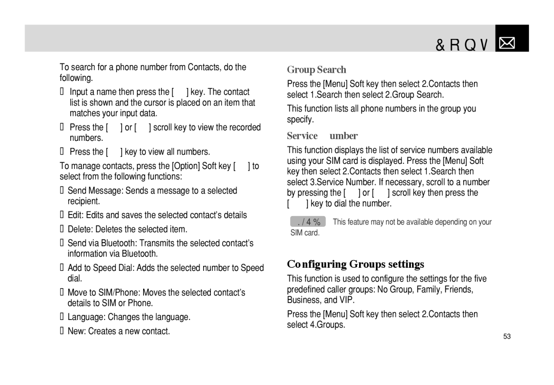 Pantech PG - 3600V manual Contacts, Configuring Groups settings, Group Search, Service Number 