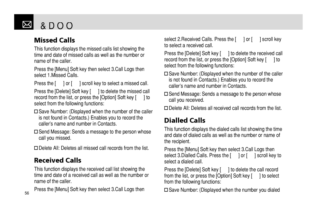 Pantech PG - 3600V manual Call Logs, Missed Calls, Received Calls, Dialled Calls 