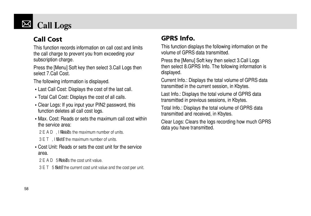 Pantech PG - 3600V manual Call Cost, Gprs Info, Area 