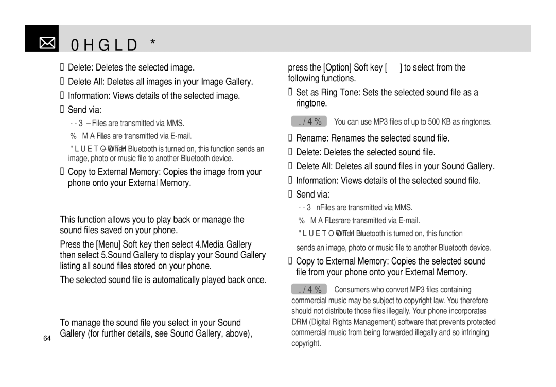 Pantech PG - 3600V manual Managing sound files in your Sound Gallery, To manage the sound file you select in your Sound 