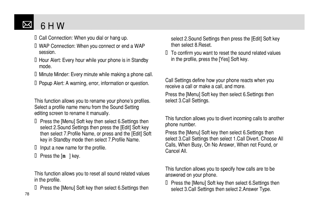 Pantech PG - 3600V manual Call Settings, Profile Name, Reset, Call Divert, Answer Type 