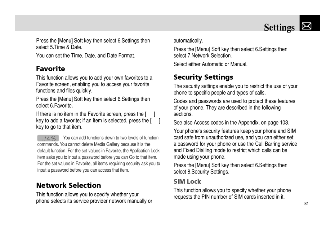 Pantech PG - 3600V manual Favorite, Network Selection, Security Settings, SIM Lock 