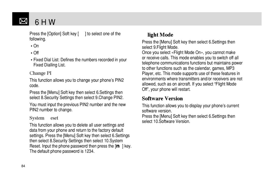 Pantech PG - 3600V manual Flight Mode, Software Version, Change PIN2, System Reset 