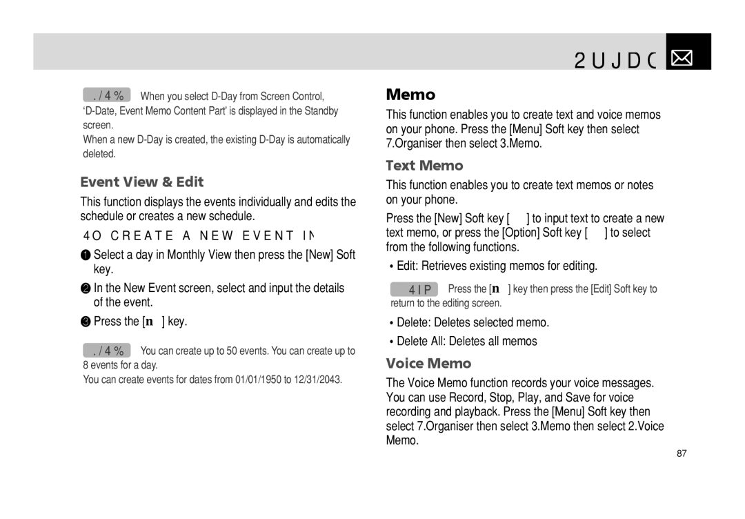 Pantech PG - 3600V manual Text Memo, Voice Memo, To create a new event in Event View & Edit 