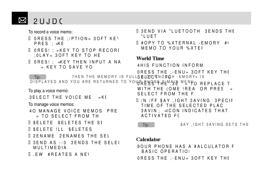 Pantech PG - 3600V manual World Time, Calculator, To record a voice memo, To play a voice memo, To manage voice memos 