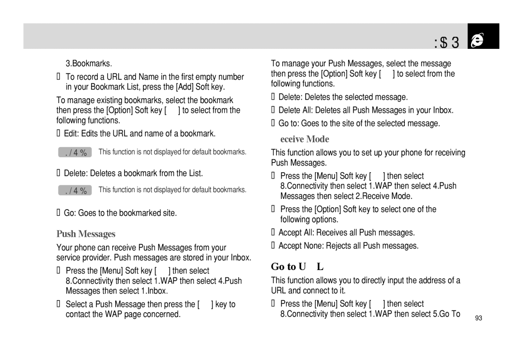 Pantech PG - 3600V manual Go to URL, Push Messages, Receive Mode 