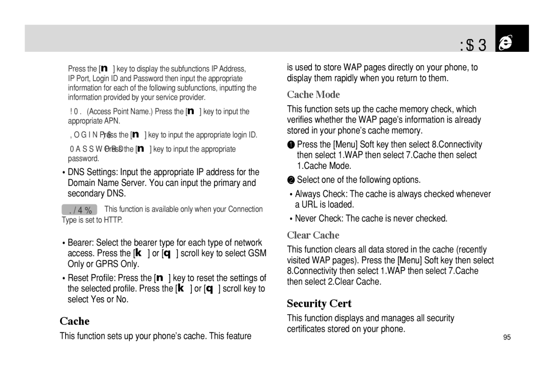 Pantech PG - 3600V manual Security Cert, Cache Mode, Clear Cache 