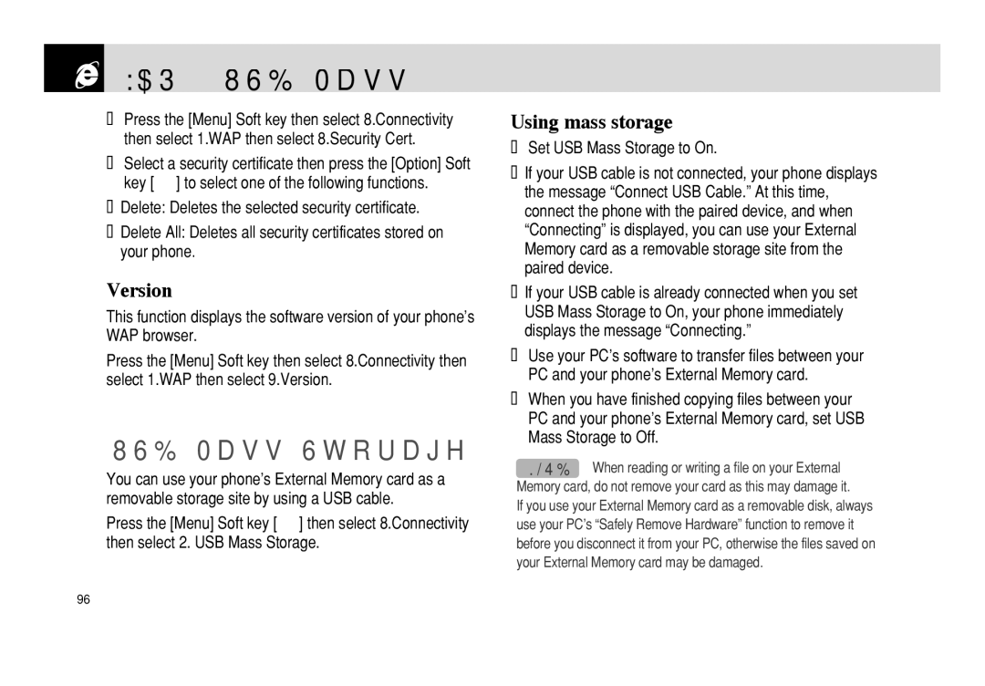 Pantech PG - 3600V manual WAP & USB Mass Storage, Version, Using mass storage 