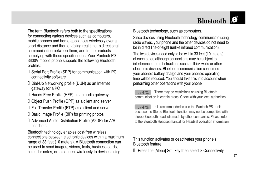 Pantech PG - 3600V manual Bluetooth technology, such as computers 